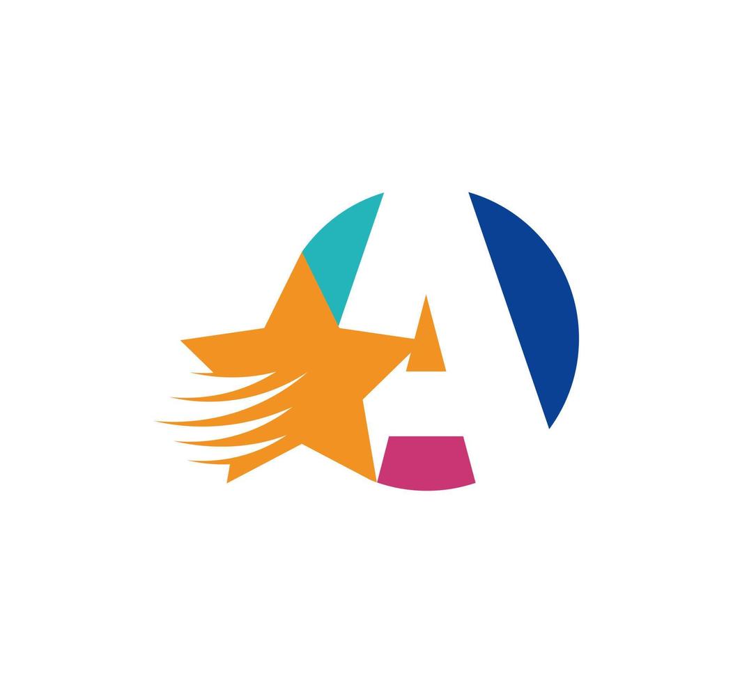 A letter logo and creative flying star. Corporate logo initials in round emblem. vector