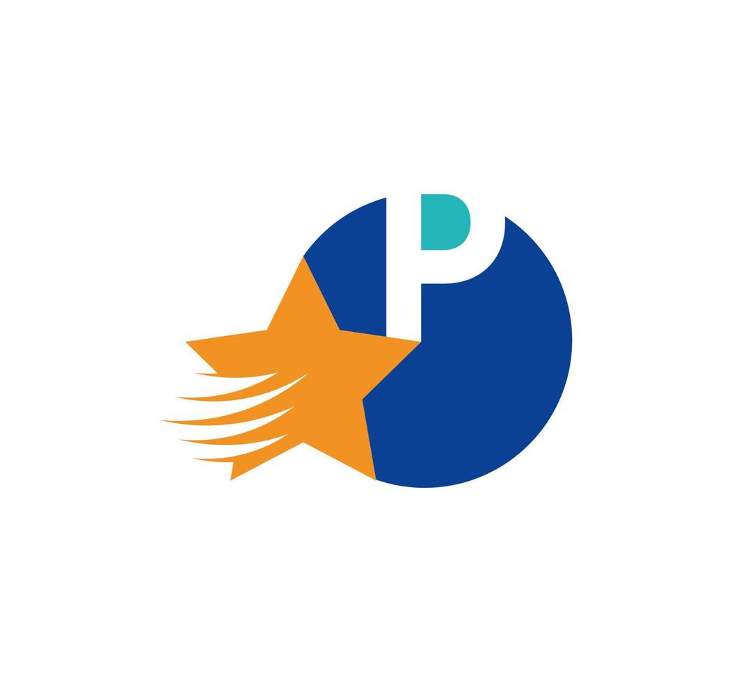 P letter logo and creative flying star. Corporate logo initials in round emblem. vector