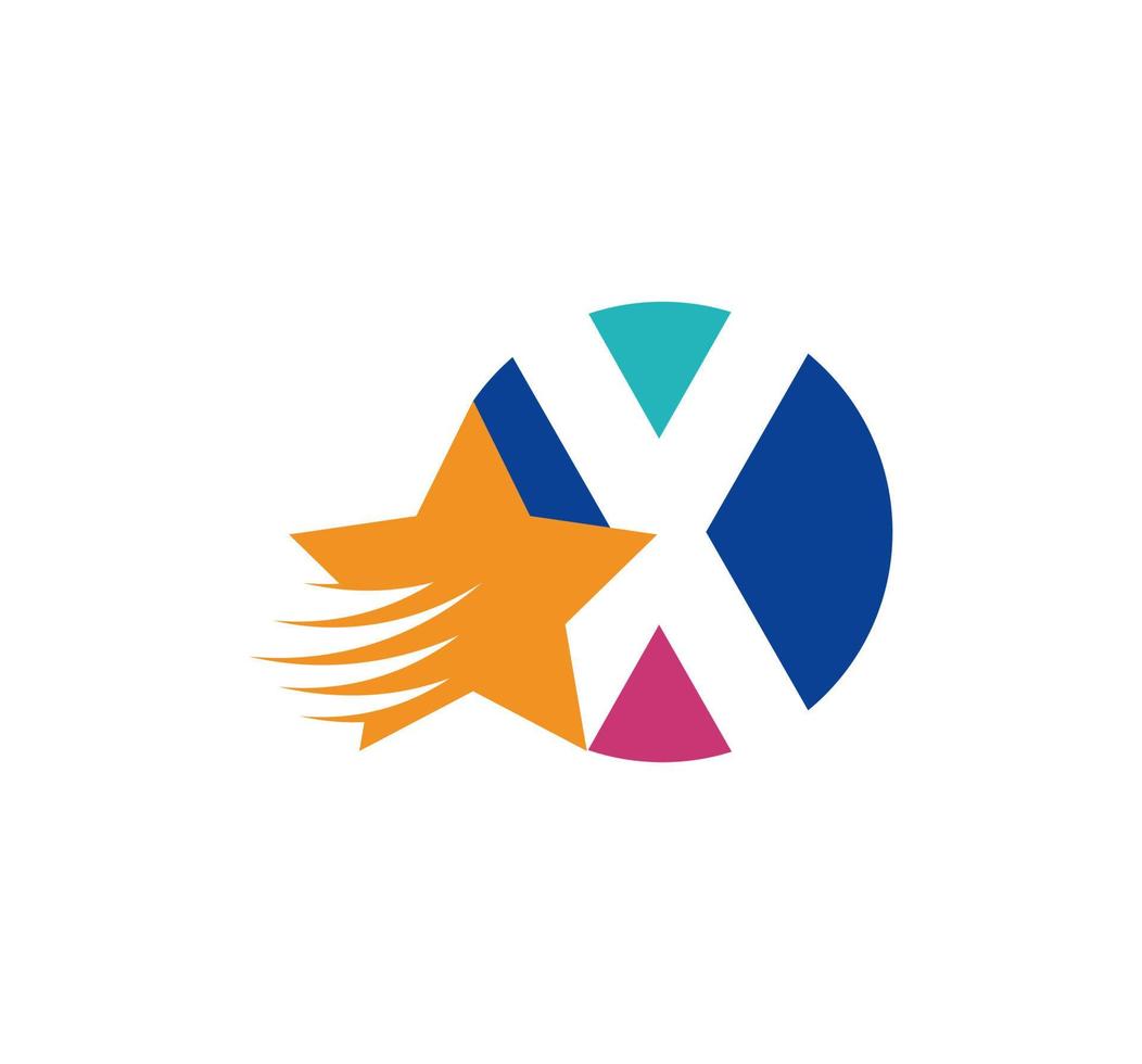 X letter logo and creative flying star. Corporate logo initials in round emblem. vector
