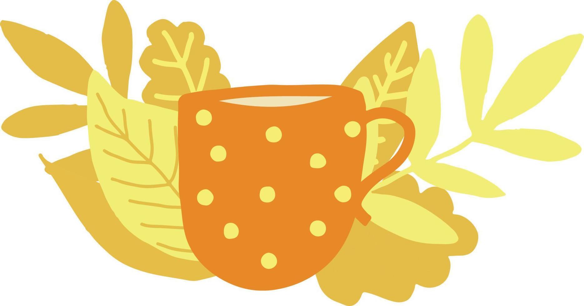 tea cup and leaves hand drawn in trending color 2021. scandinavian hygge. cozy home vector