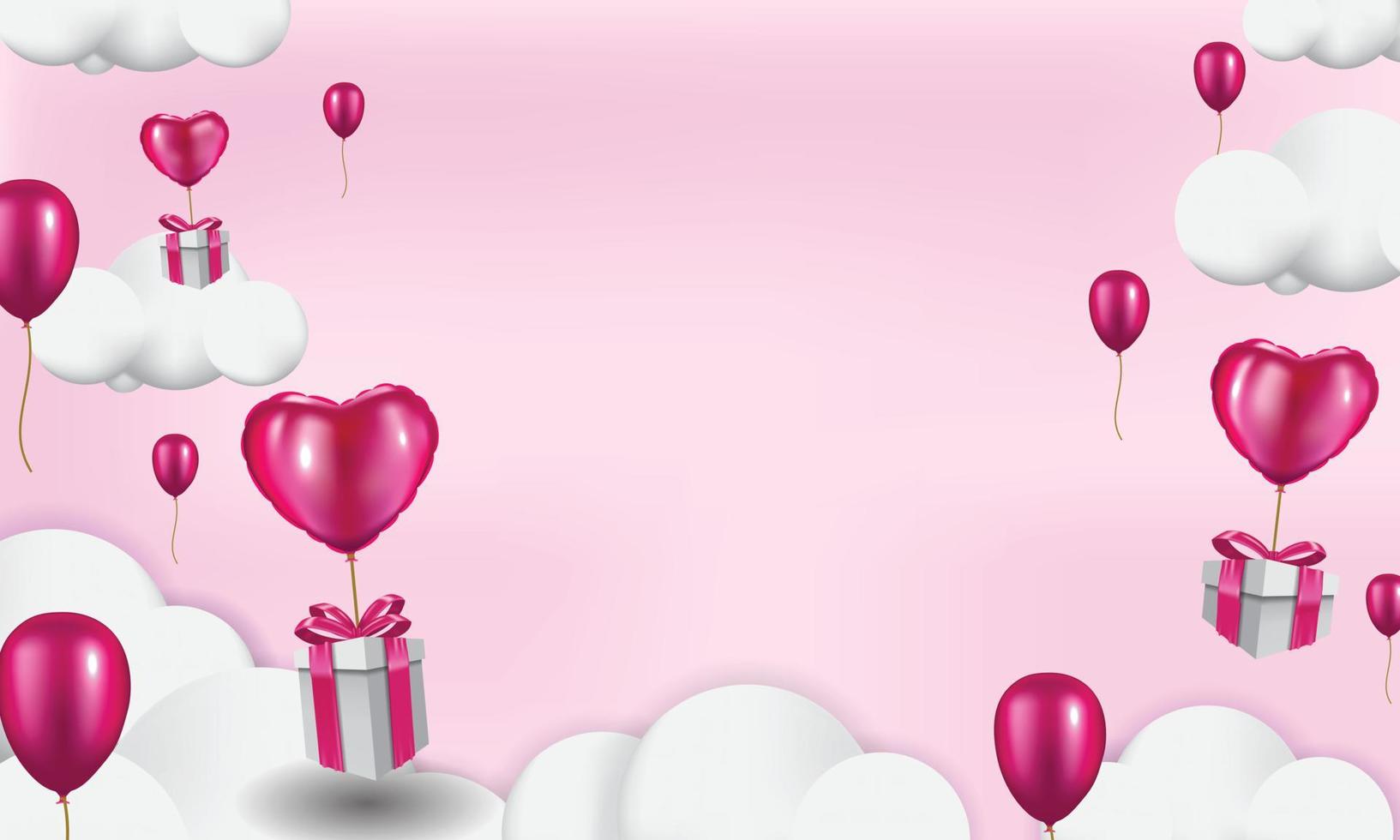 cajas de regalo con globo de corazón flotando en el cielo, plantilla de fondo del día de san valentín, estilo realista en 3d vector