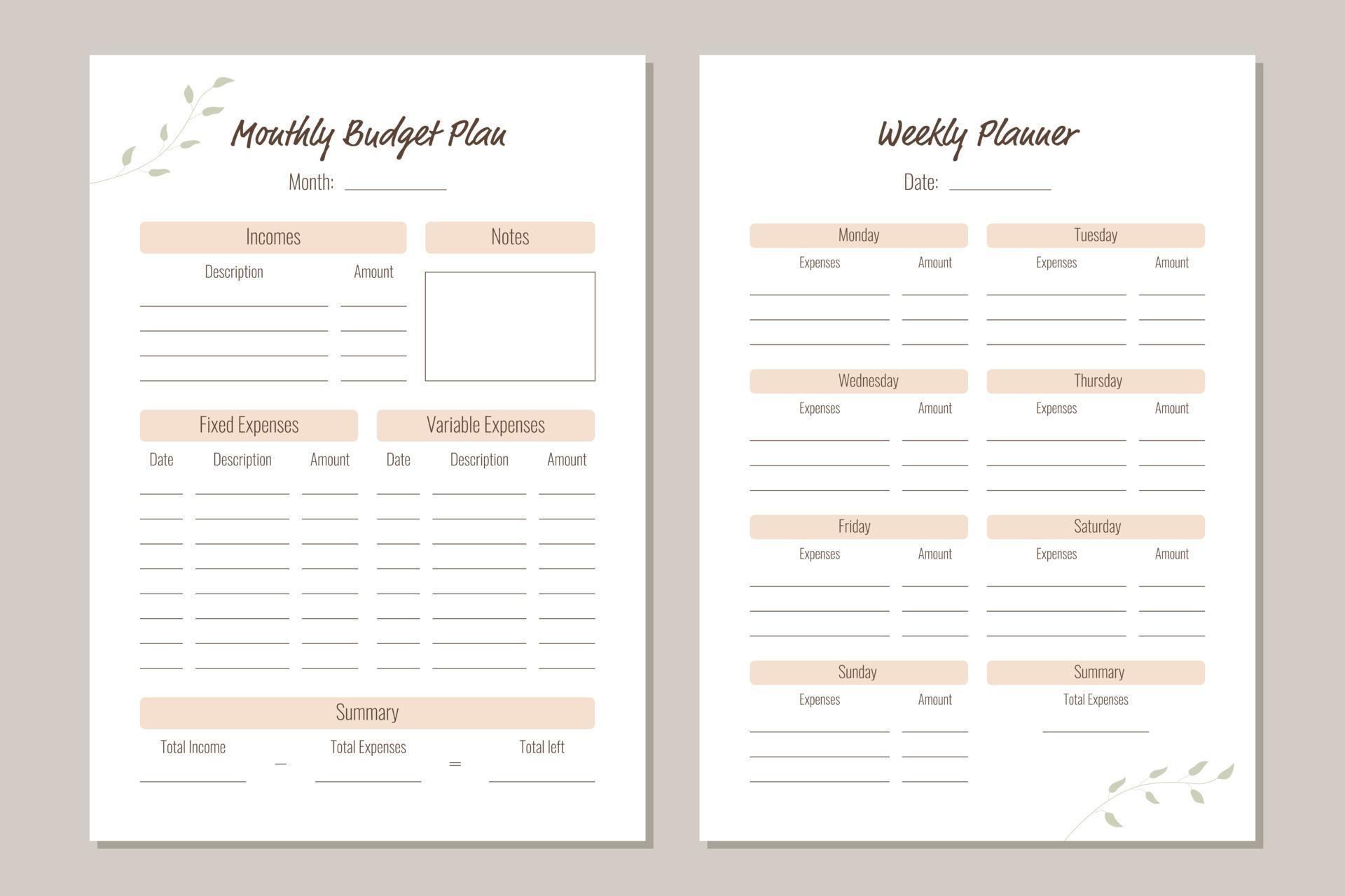 Monthly and weekly budget planner. Personal planner template in