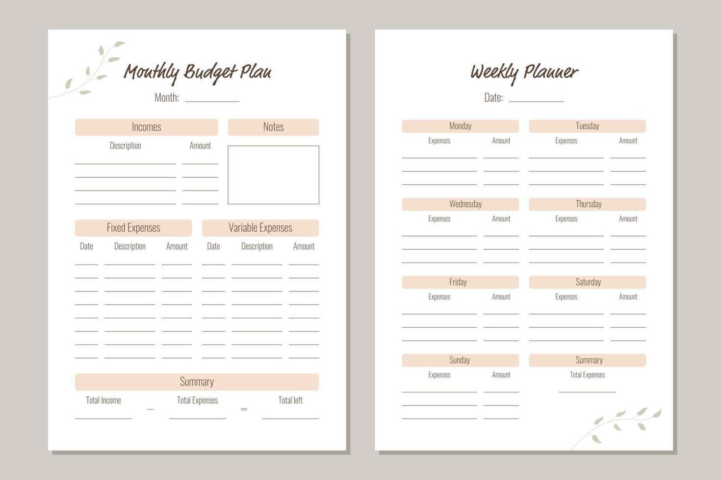 Monthly and weekly budget planner. Personal planner template in minimalistic style and pastel colors. Vector