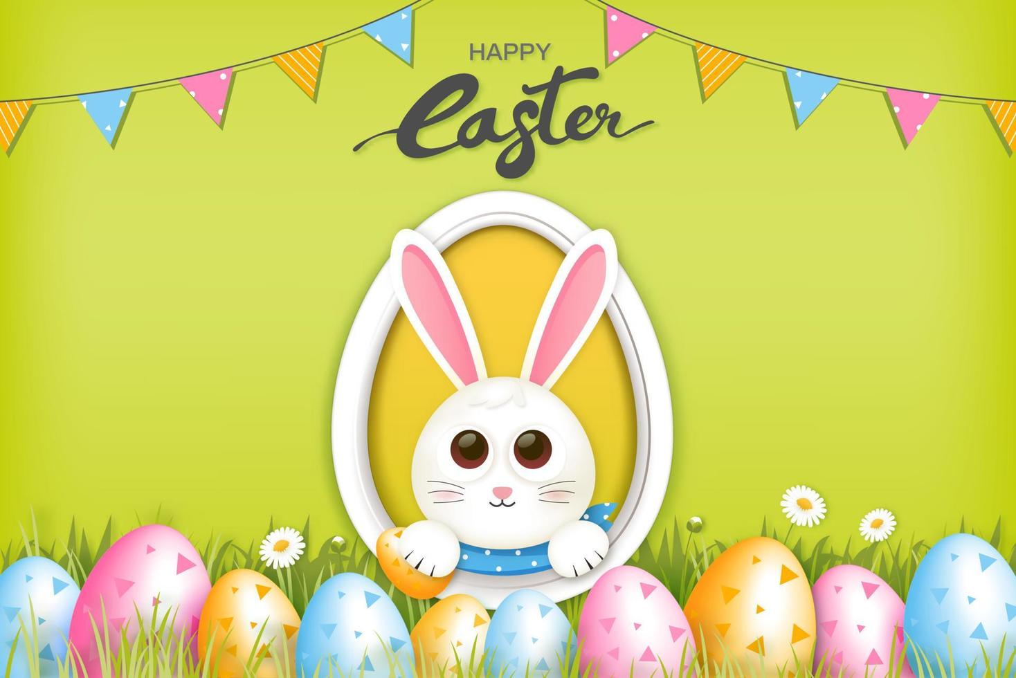 Cartoon style happy Easter bunny with colorful eggs in green garden background vector