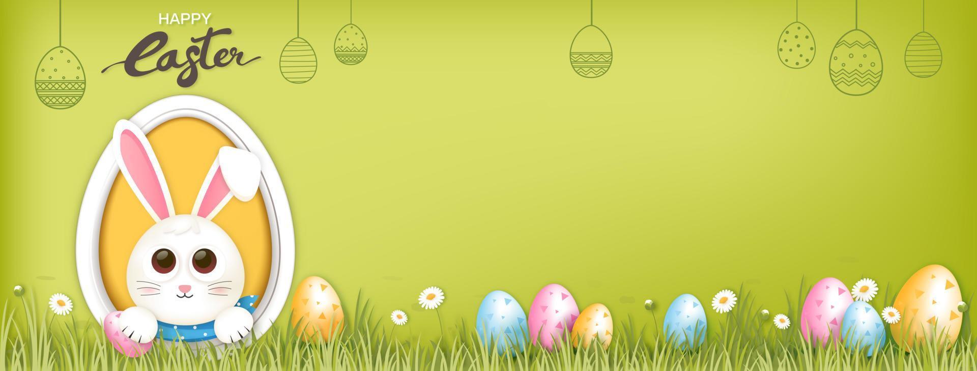 Cartoon style happy Easter bunny with colorful eggs in green garden banner background with copy sapce for your text vector