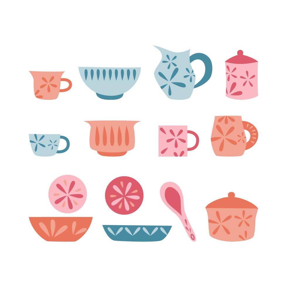 juego de utensilios de cocina de cerámica. ilustración vectorial plana. vector