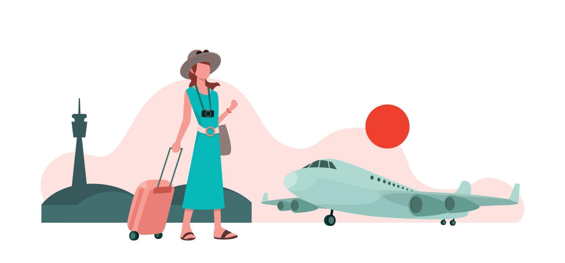 Woman with suitcase standing in airport, travel concept, vector illustration