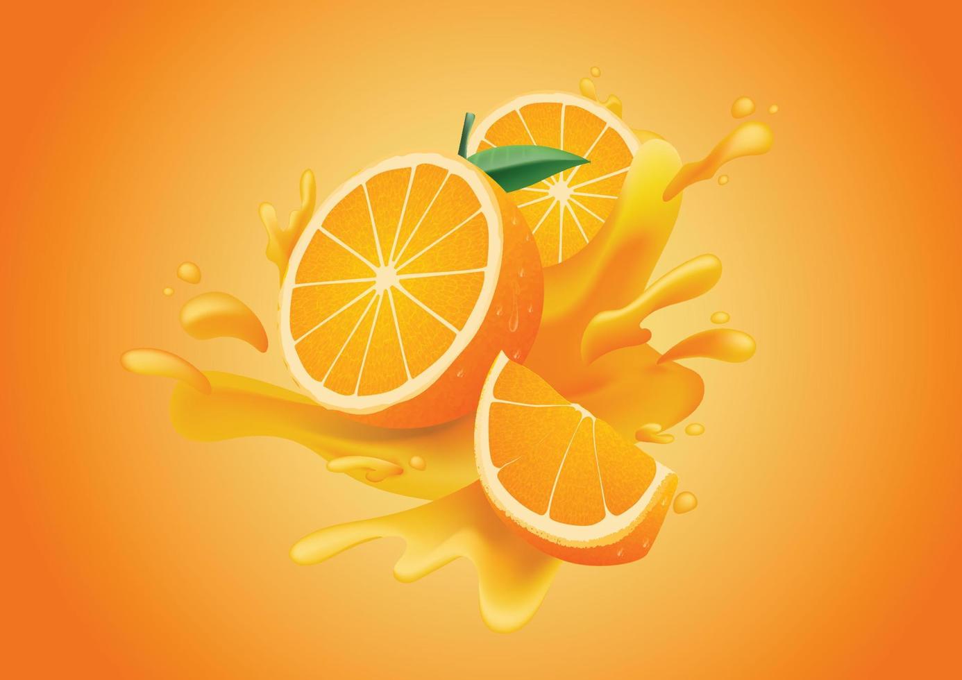 naranja fresca en rodajas y salpicaduras sobre fondo naranja, ilustración vectorial aislada vector