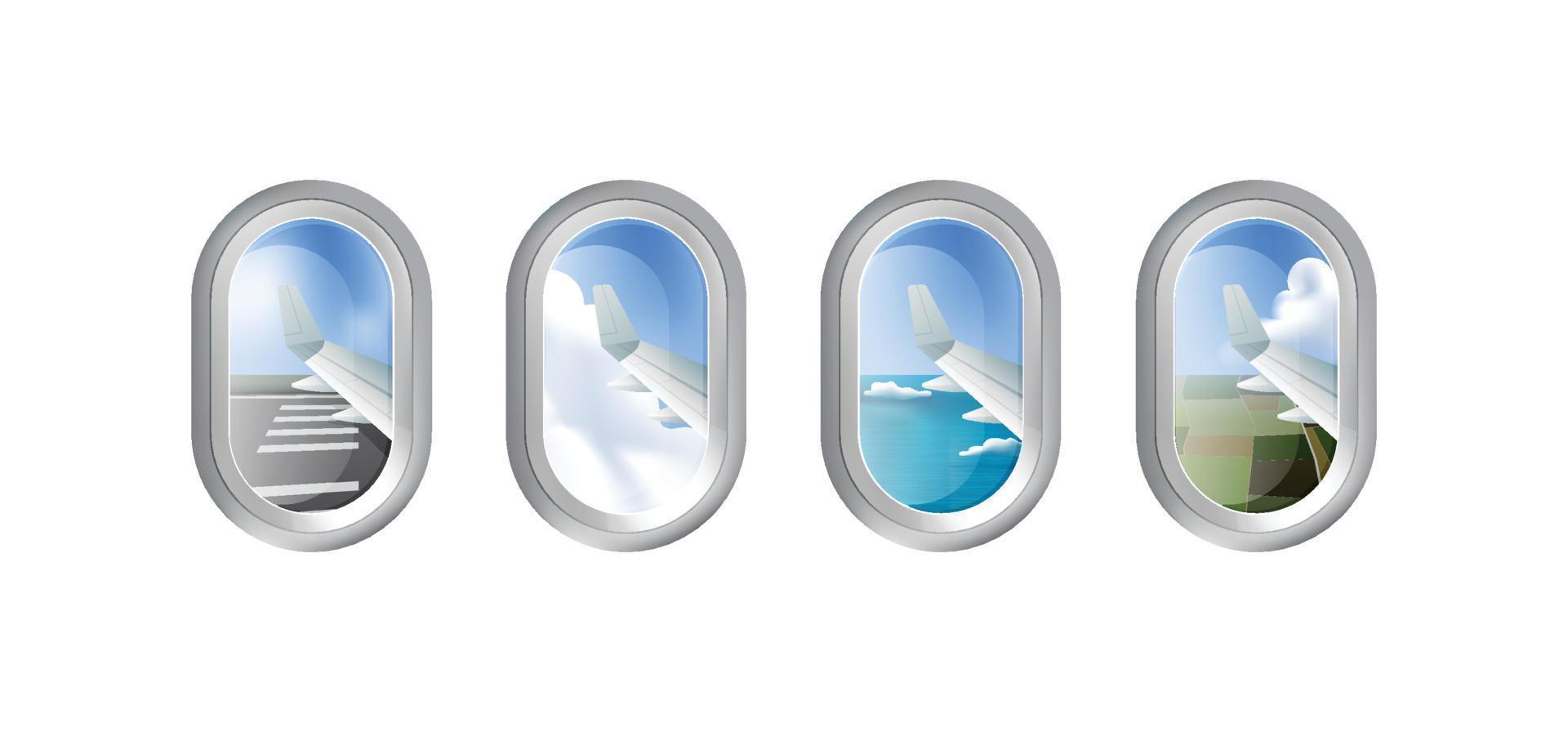 ventanas de avión con diferentes vistas exteriores, pista, cielo, océano y tierra, ilustración vectorial vector