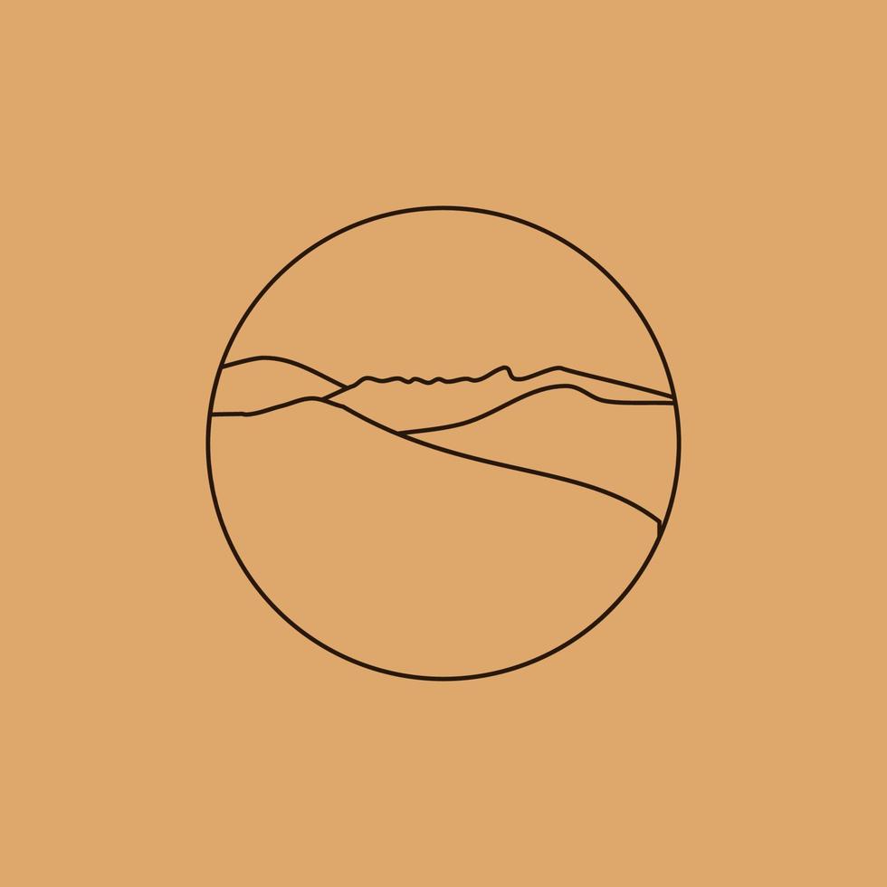 Vector simple illustration in simple linear style, minimalist boho logo landscape with mountain, hill, and sun.