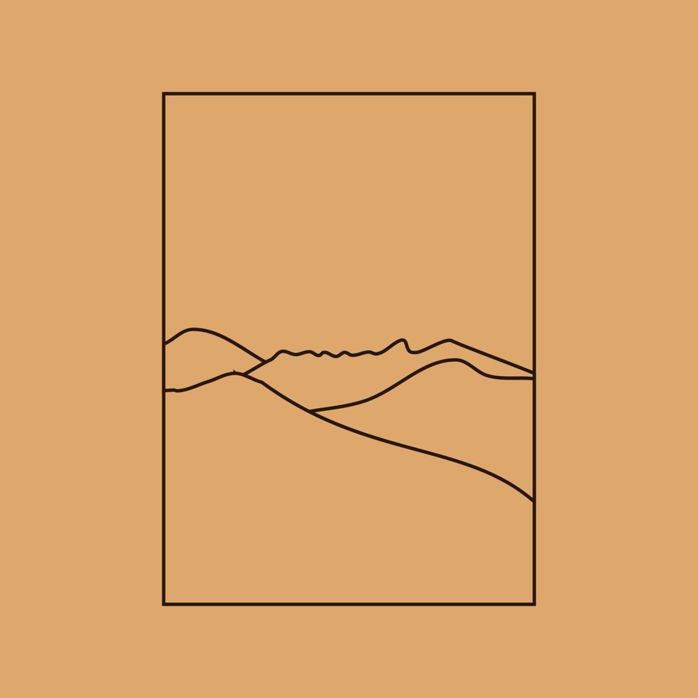 ilustración simple vectorial en estilo lineal simple, paisaje de logotipo boho minimalista con montaña, colina y sol. vector