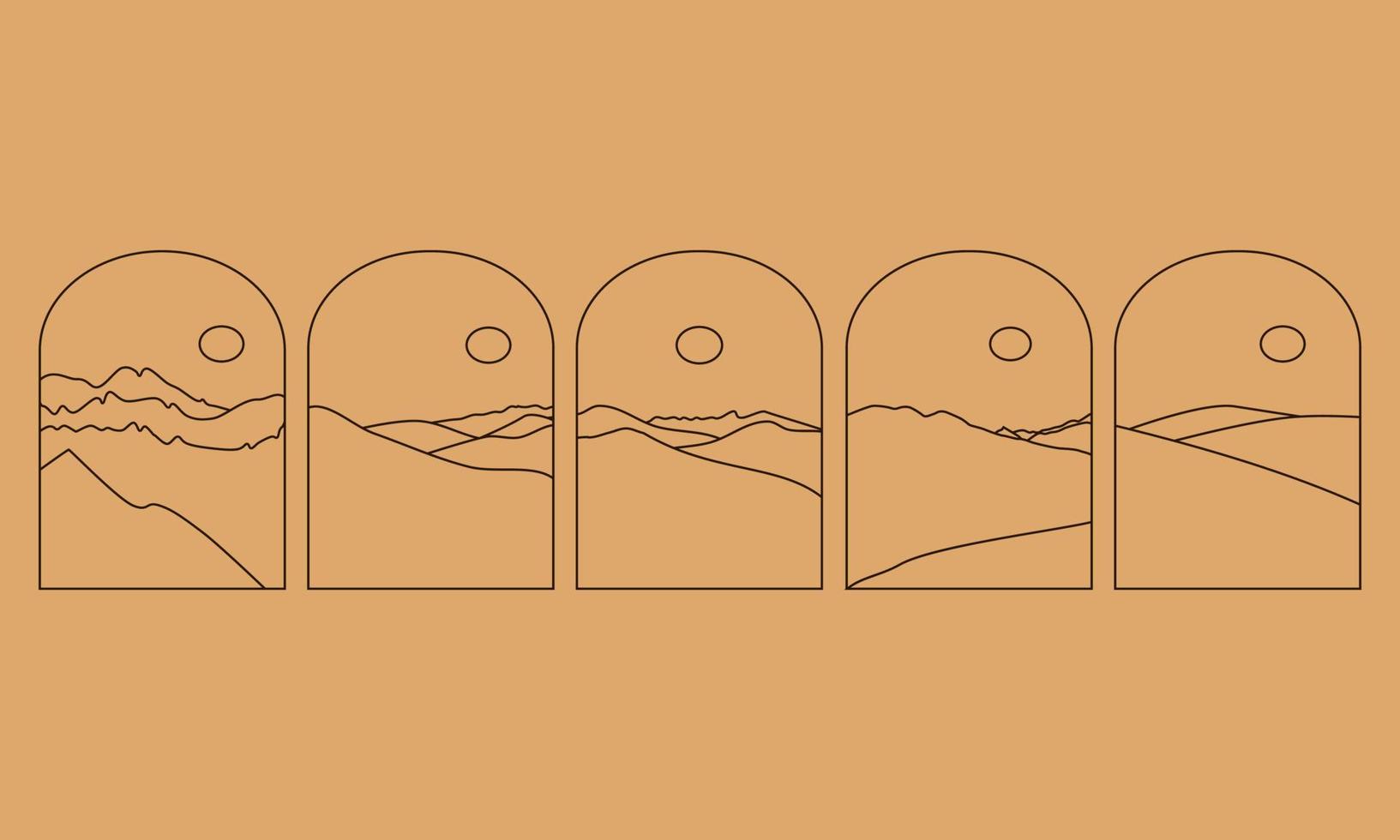 conjunto de ilustración vectorial simple en estilo lineal simple, paisaje de logotipo boho minimalista con montaña, colina y sol. vector
