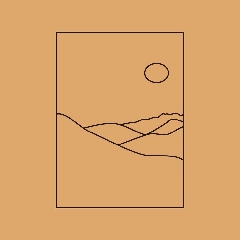 Vector simple illustration in simple linear style, minimalist boho logo landscape with mountain, hill, and sun.