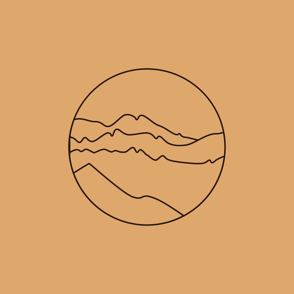 Vector simple illustration in simple linear style, minimalist boho logo landscape with mountain, hill, and sun.