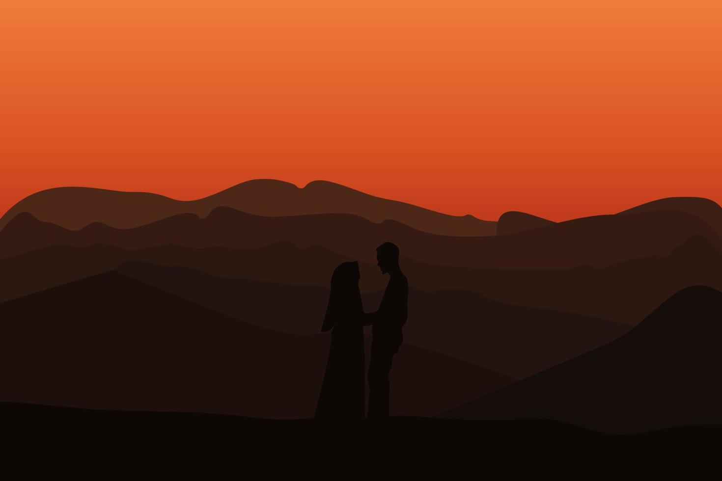 Vector of the silhouette of a couple standing on the hill against moonlight in the night sky.