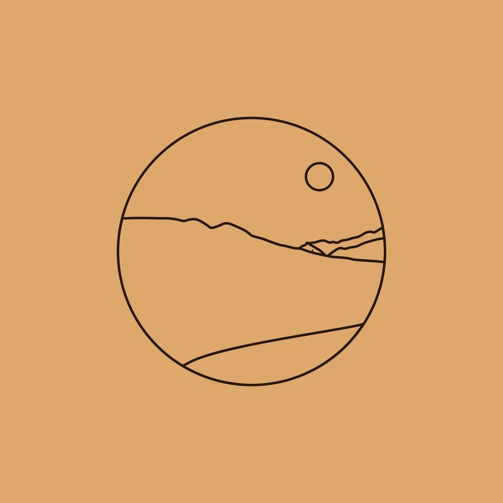 Vector simple illustration in simple linear style, minimalist boho logo landscape with mountain, hill, and sun.
