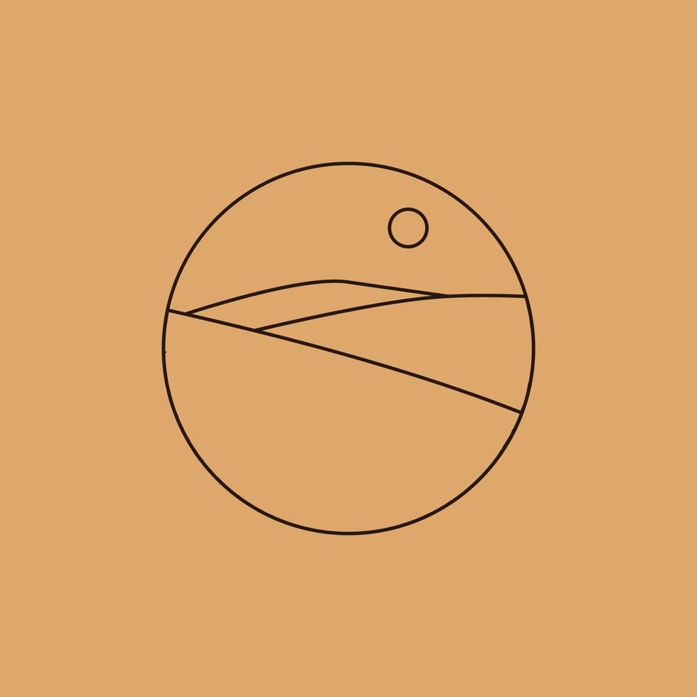 Vector simple illustration in simple linear style, minimalist boho logo landscape with mountain, hill, and sun.