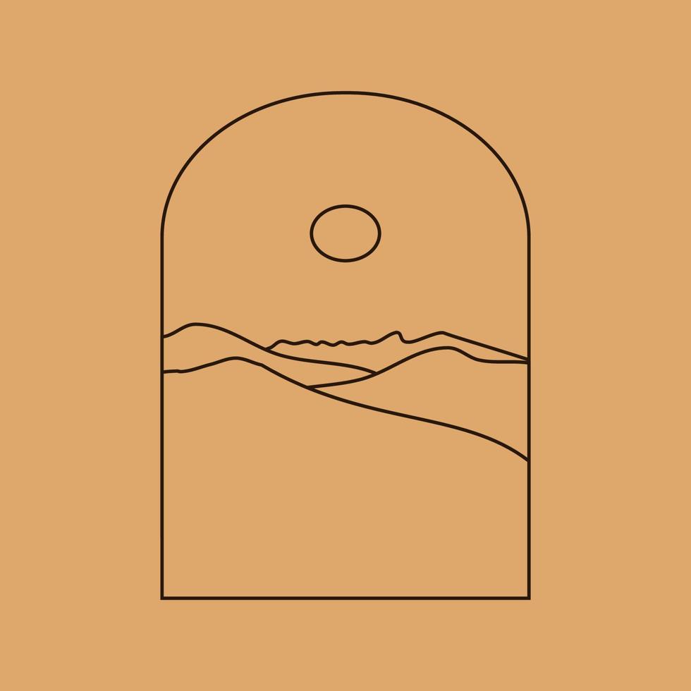 ilustración simple vectorial en estilo lineal simple, paisaje de logotipo boho minimalista con montaña, colina y sol. vector