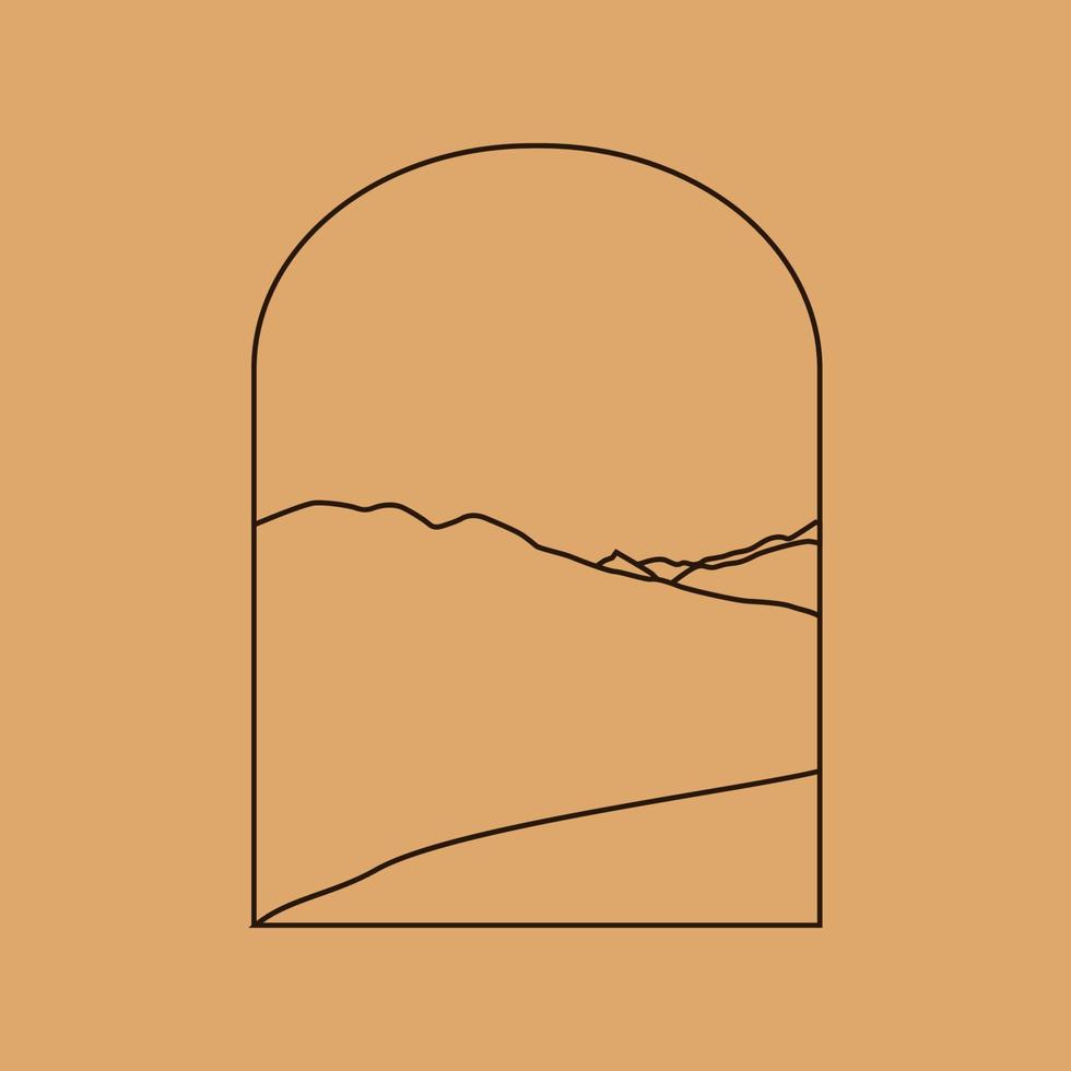 Vector simple illustration in simple linear style, minimalist boho logo landscape with mountain, hill, and sun.