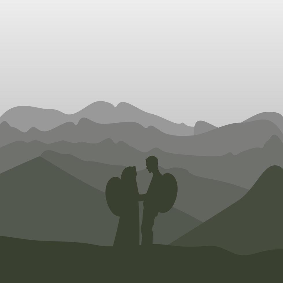 vector de la silueta de una pareja parada en la colina contra la luz de la luna en el cielo nocturno.