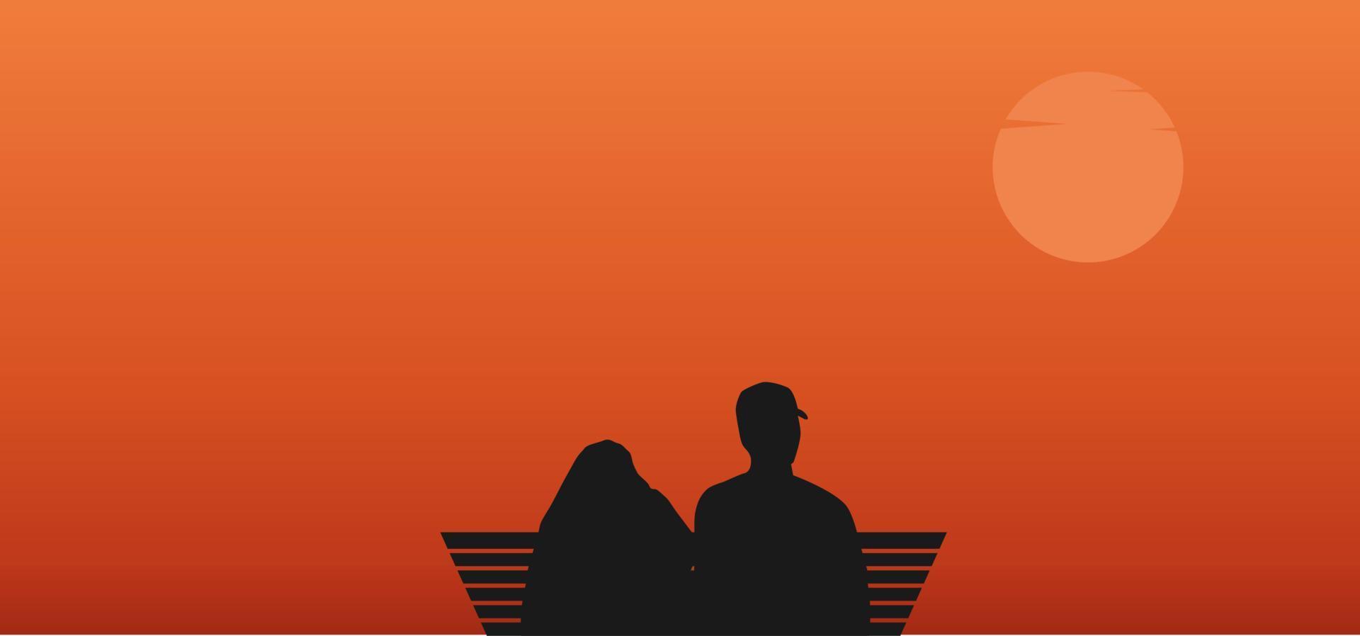 Silhouette of a married couple sitting on chairs at sunset vector