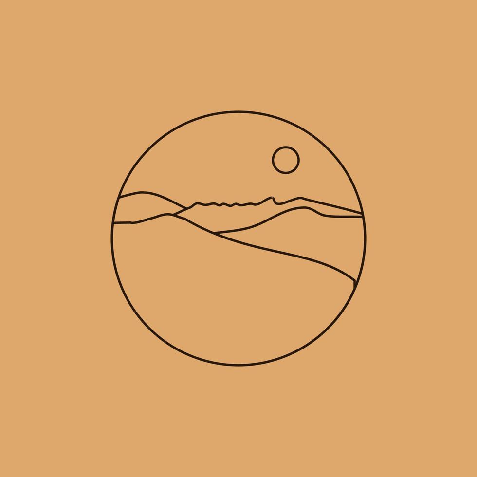 Vector simple illustration in simple linear style, minimalist boho logo landscape with mountain, hill, and sun.