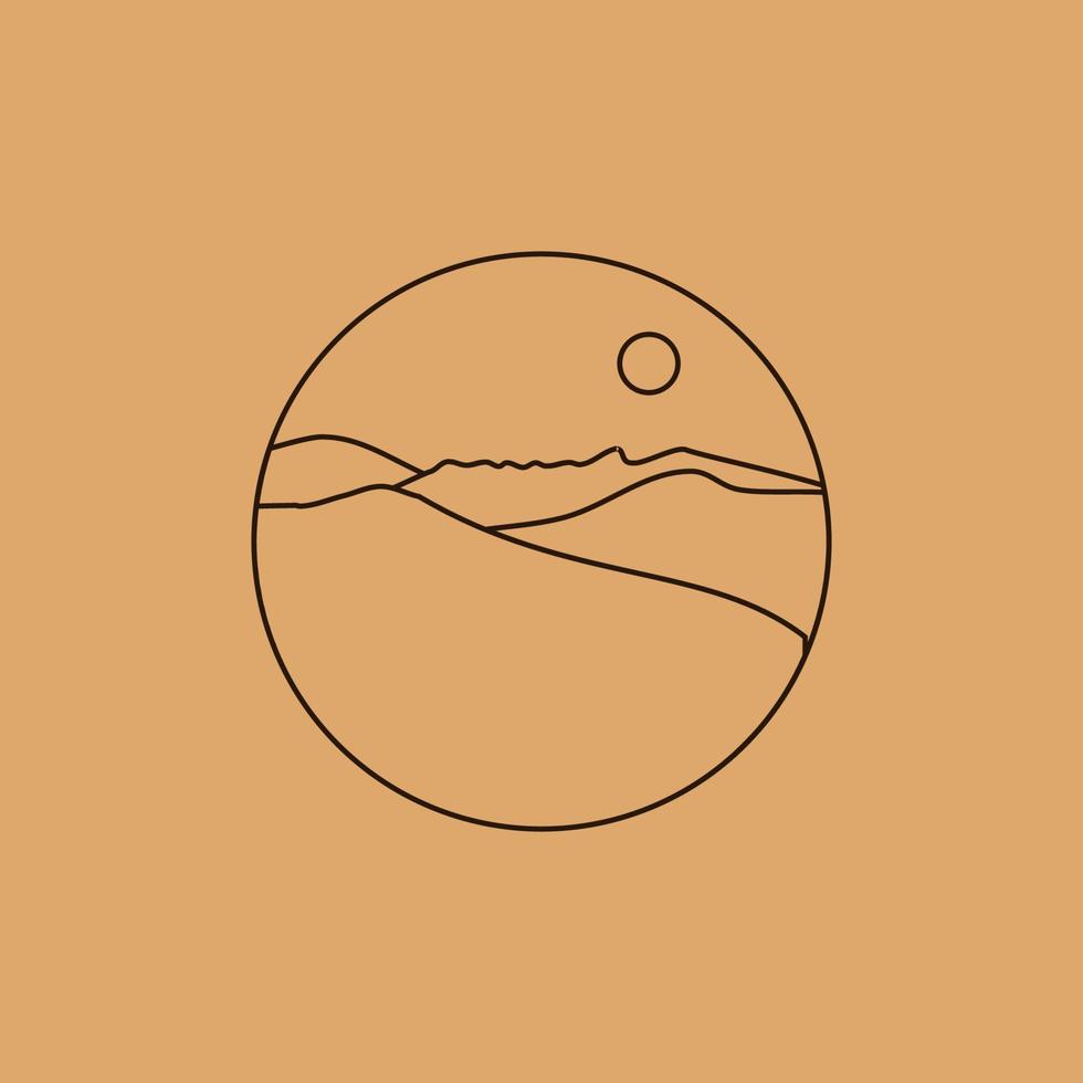 ilustración simple vectorial en estilo lineal simple, paisaje de logotipo boho minimalista con montaña, colina y sol. vector