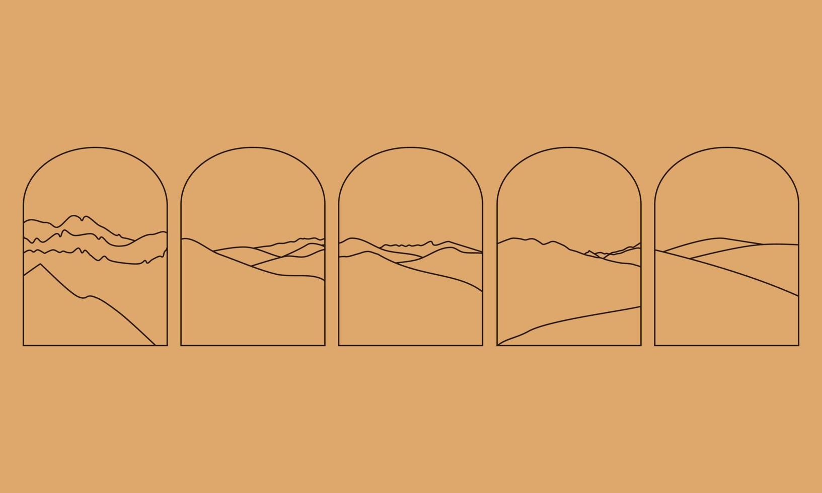 Set of Vector simple illustration in simple linear style, minimalist boho logo landscape with mountain, hill, and sun.