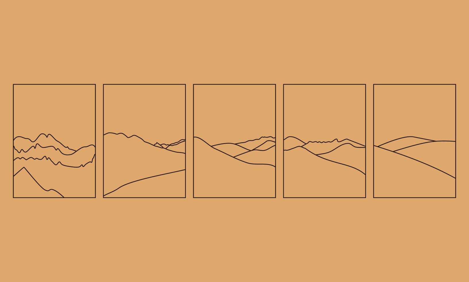 Set of Vector simple illustration in simple linear style, minimalist boho logo landscape with mountain, hill, and sun.