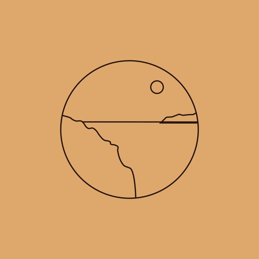 Vector simple illustration in simple linear style, minimalist boho logo landscape with mountain, hill, and sun.