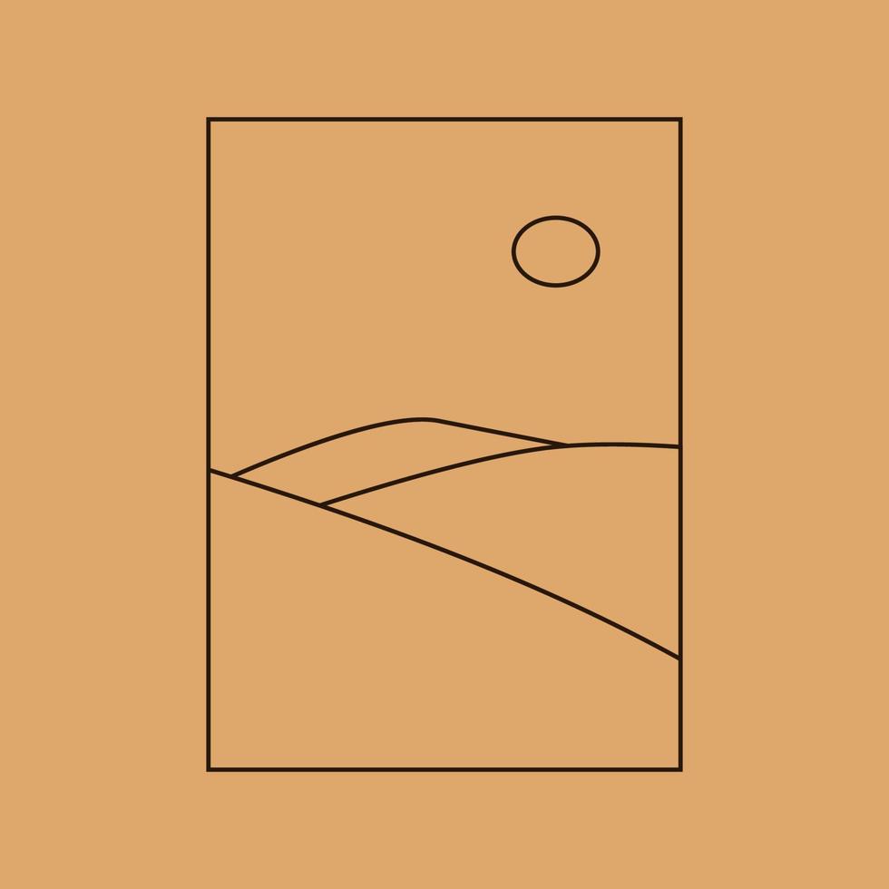 Vector simple illustration in simple linear style, minimalist boho logo landscape with mountain, hill, and sun.