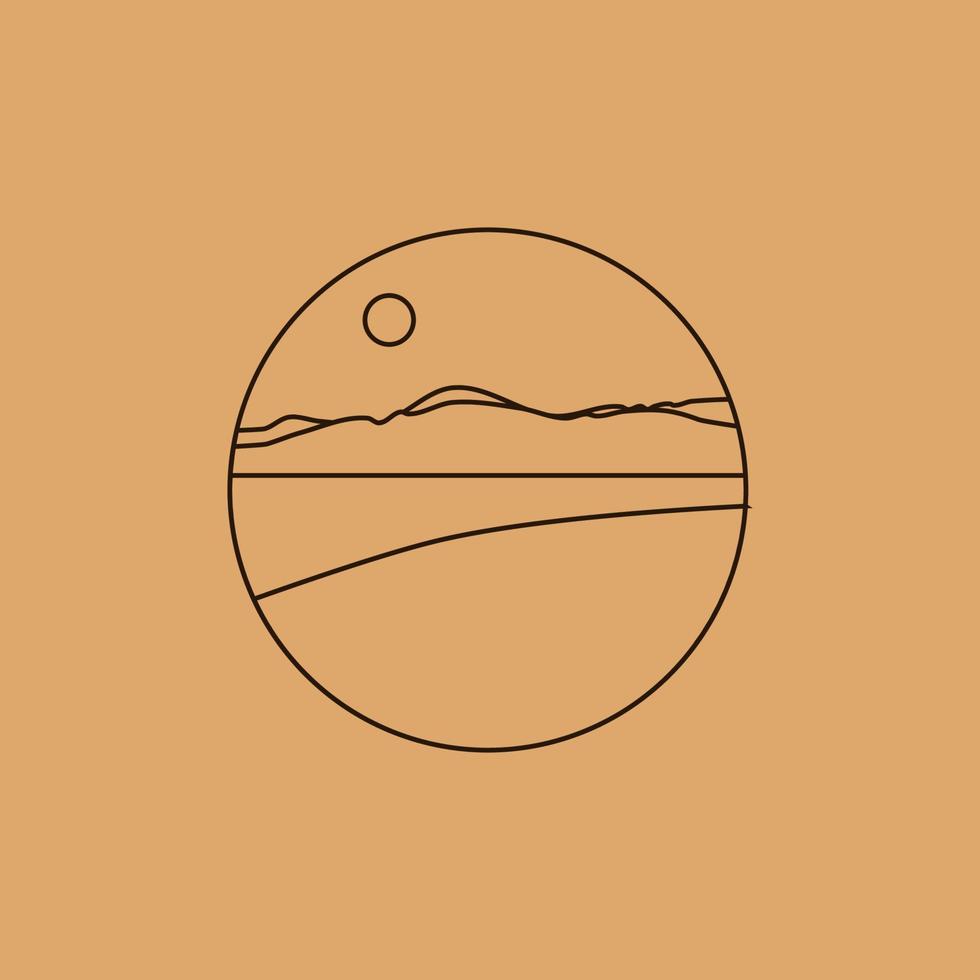 Vector simple illustration in simple linear style, minimalist boho logo landscape with mountain, hill, and sun.