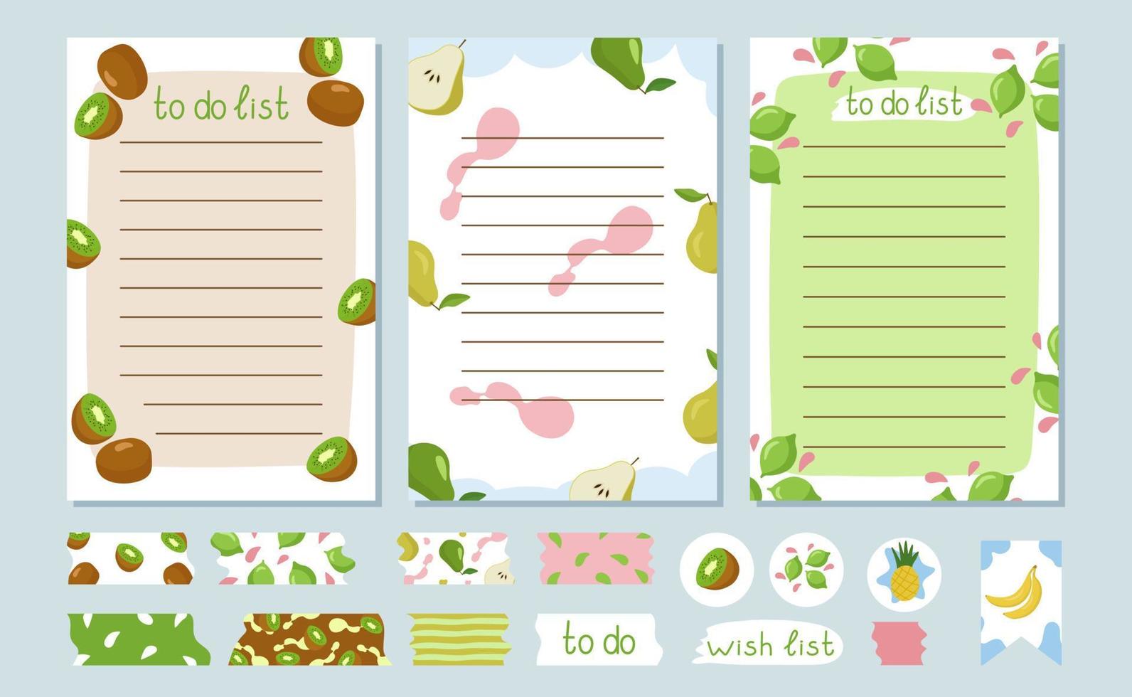 Set of summer to-do lists, a wish page template and a washi tapes. Decorated with kiwi berries, pears and limes. Vector illustration of vacation planning and gifts with stickers.