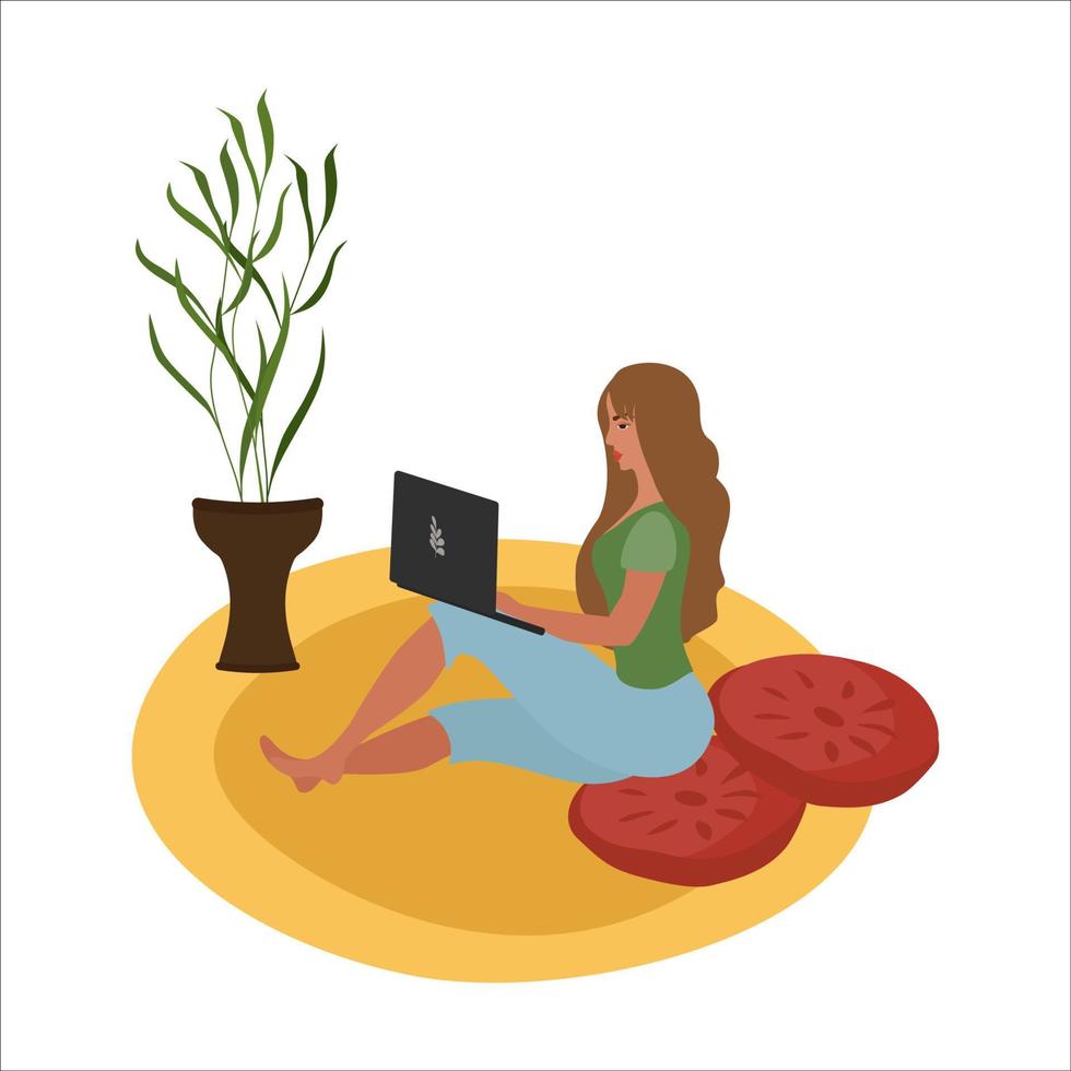 The girl works from home, freelance. Sitting on the floor with a laptop on the yellow carpet. The concept of staying at home. A set of vector illustrations.