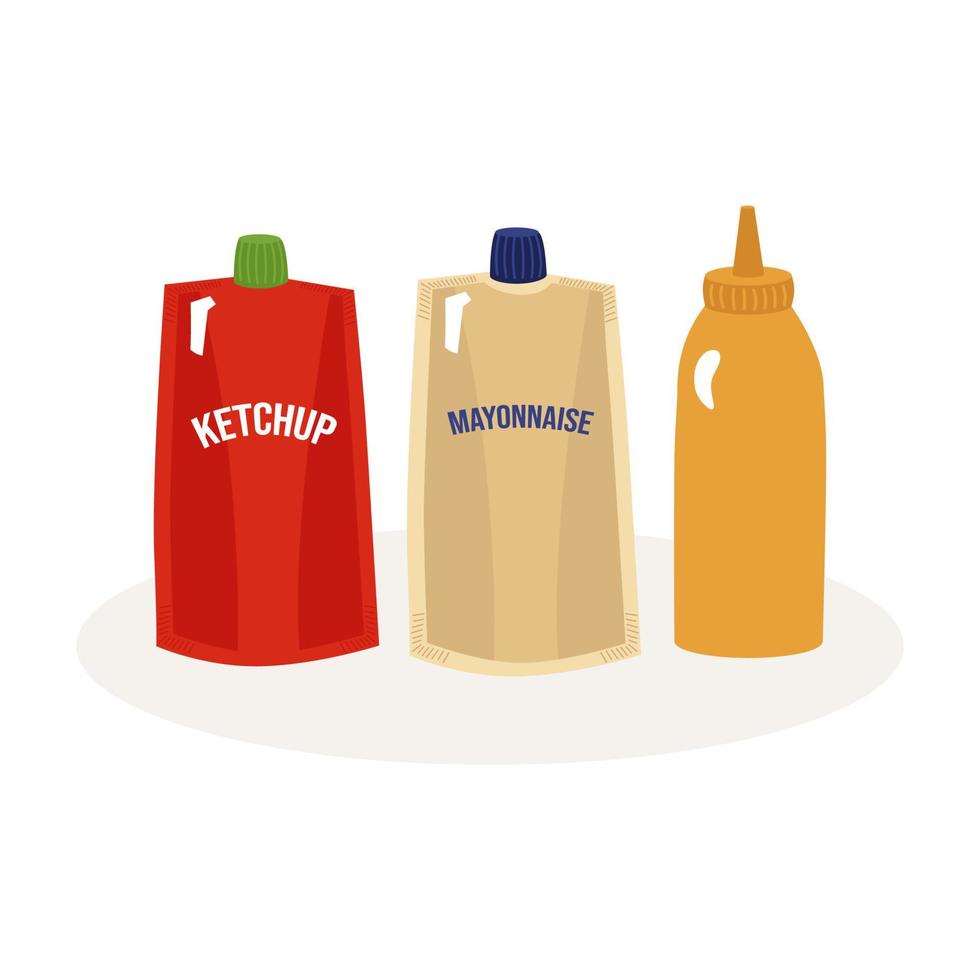 Ketchup, mustard mayonnaise, various types of sauces. Vector illustration in a cartoon flat style. For labels, design, banners, advertising