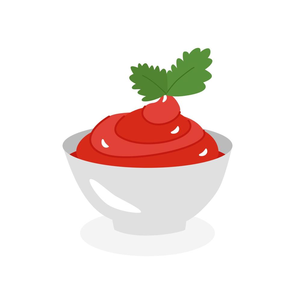 Ketchup, tomato sauce in a white cup, side view. Vector illustrations in cartoon flat style. For labels, design, banners, advertising