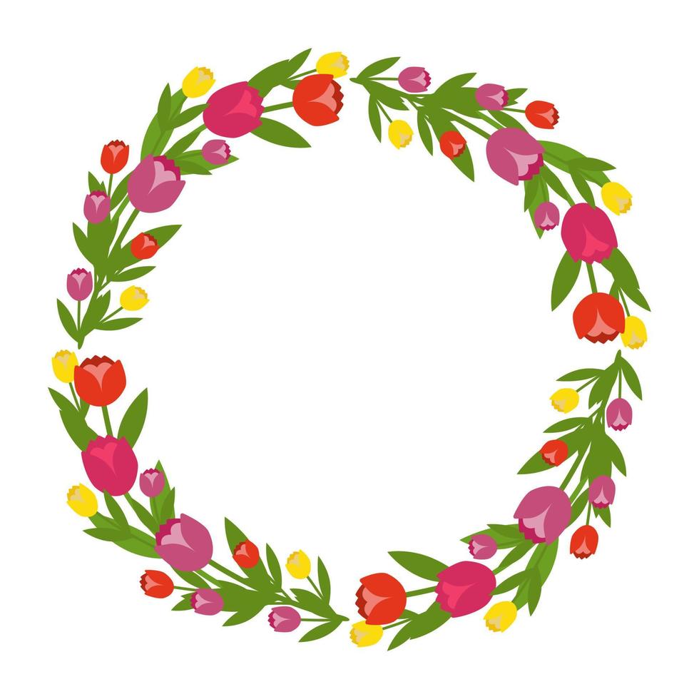 Spring flower wreath of tulips. Vector illustration. Green leaf. Design for invitations and greeting cards.