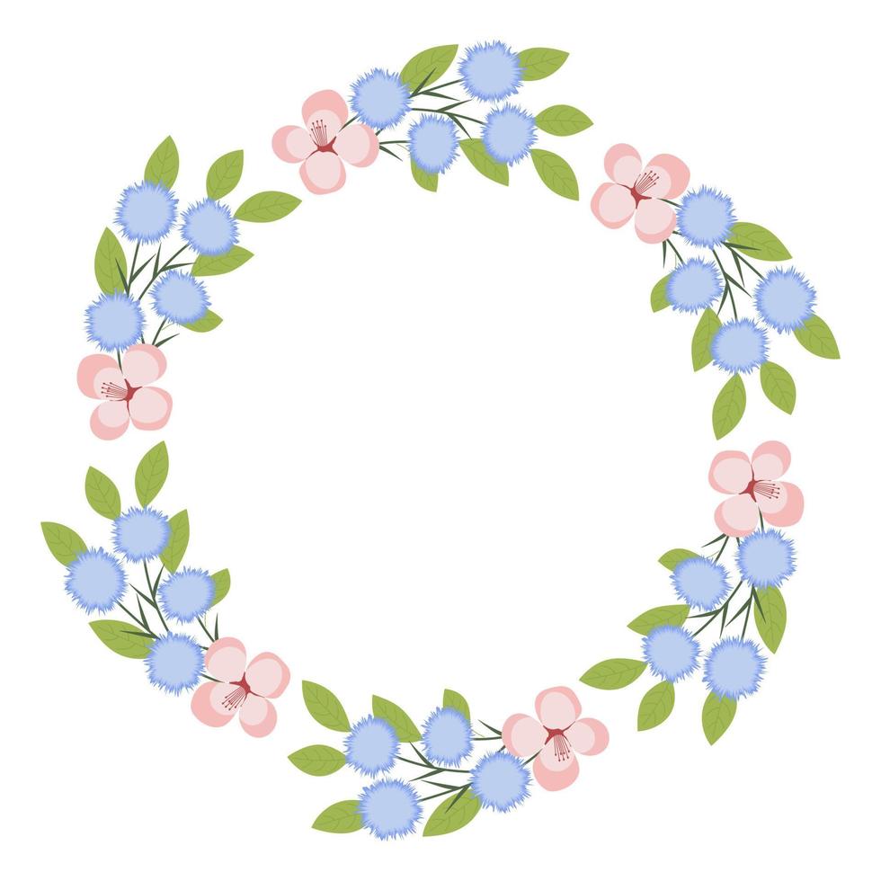 guirnalda de flores. ilustración vectorial flores de color rosa pálido y azul, hojas verdes. diseño para invitaciones y tarjetas de felicitación. vector