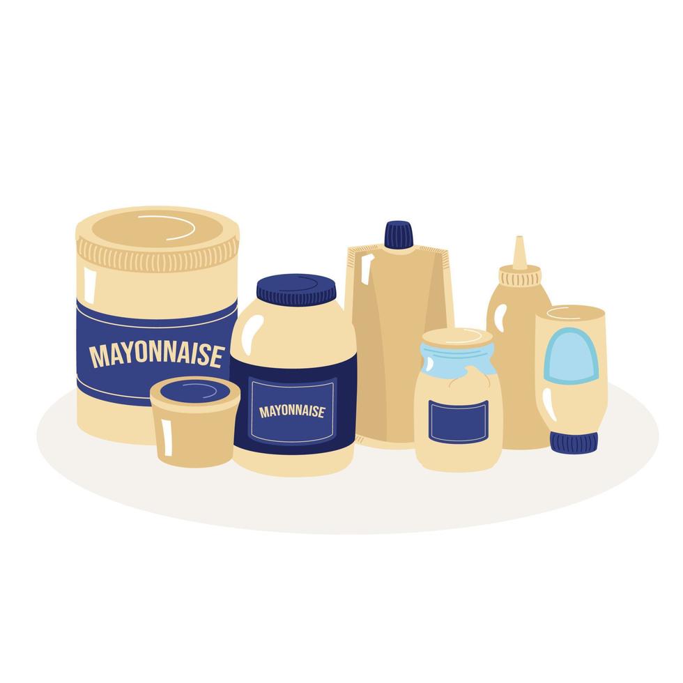 Mayonnaise of various types, jars with sauce, glass, plastic bucket, bag with a bottom. Vector illustrations in a cartoon flat hand-drawn style. For design, banner, advertising