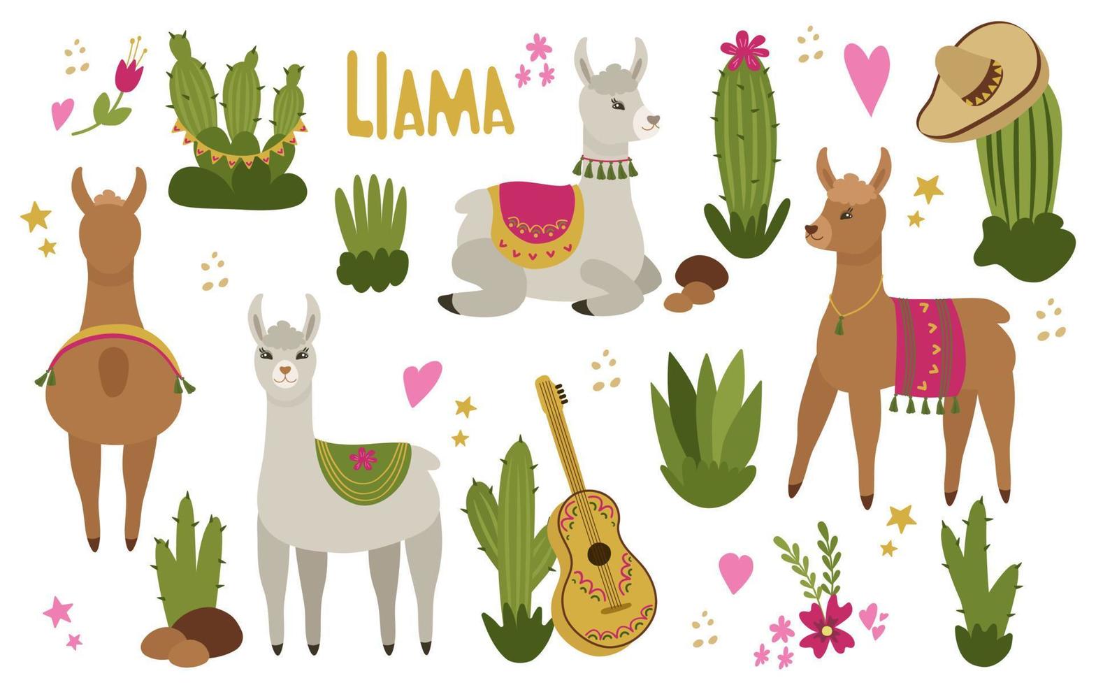 un conjunto de lindas llamas o alpacas con cactus al estilo mexicano. ilustración aislada sobre un fondo blanco. para la guardería, estampados sobre tela sobre papel. vector