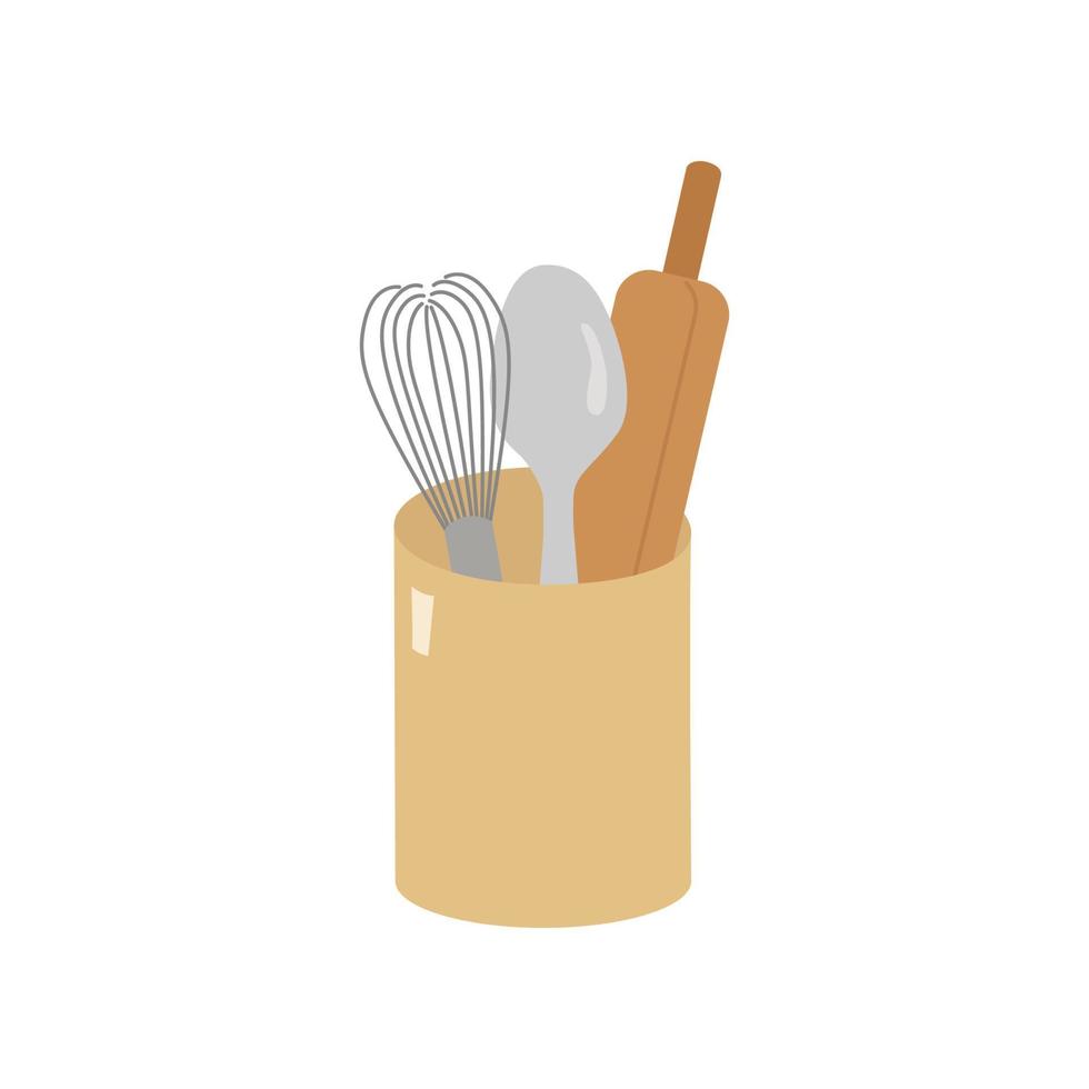 Kitchen tools, whisk, spoon, rolling pin in a glass. Vector illustration in a cartoon flat style. For postcards, labels, design, banners, advertising