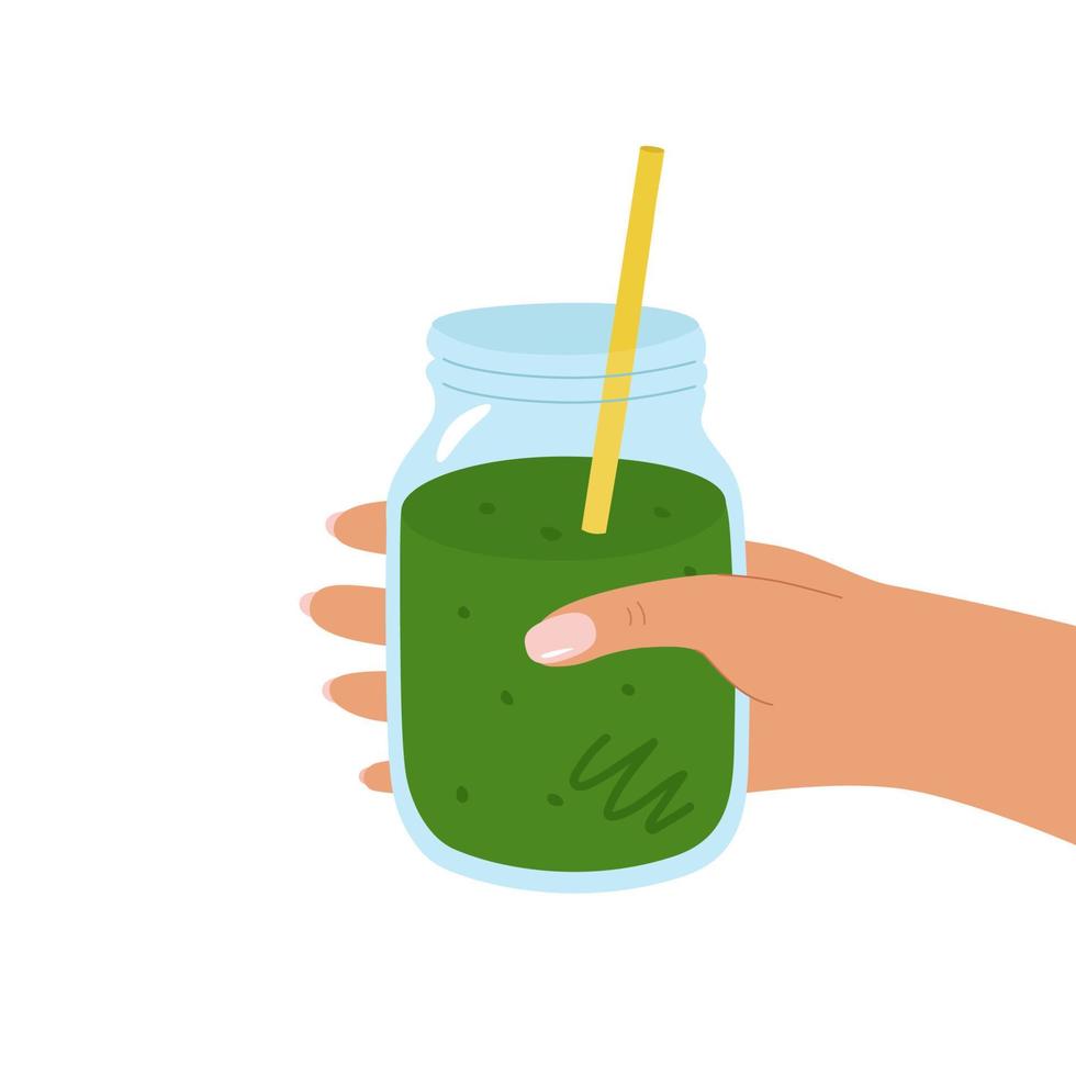 la mano de una mujer sostiene un frasco de batido verde. el concepto de comida saludable. ilustración vectorial aislada para el diseño. vector