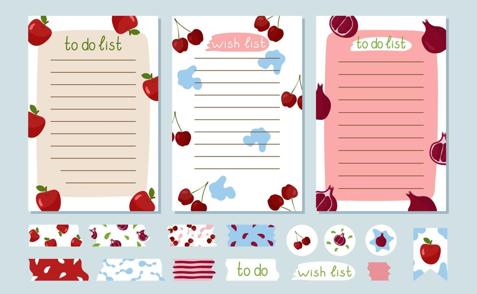 Set of summer to-do lists, a template for a wish page and a washi tapes. Decorated with apple, cherry berries, pomegranate. Vector illustration of vacation planning and gifts with stickers.