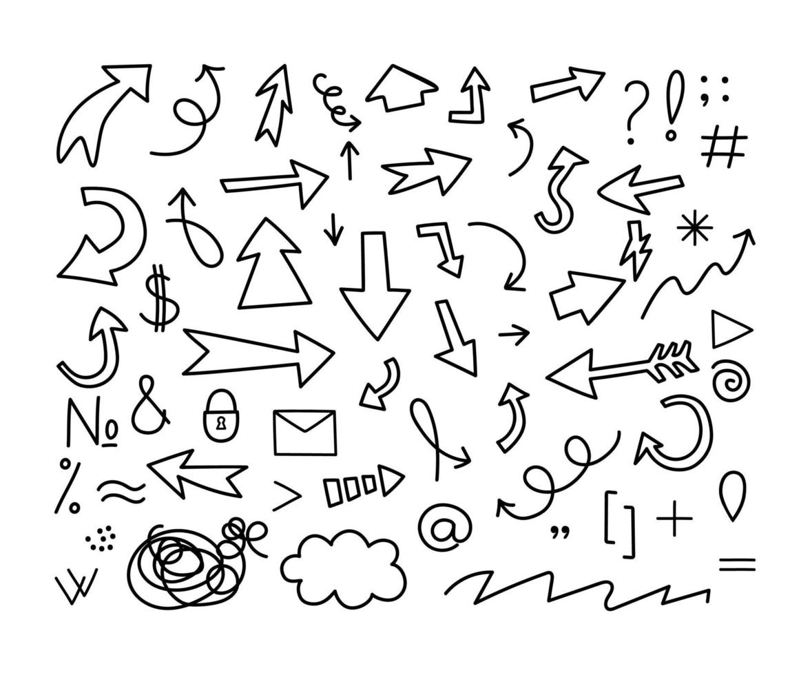 The arrows are a set of different linear black and white, drawn in a doodle style. The symbols are question mark, dollar, letter, lock, cloud, brackets. The vector illustration is isolated.