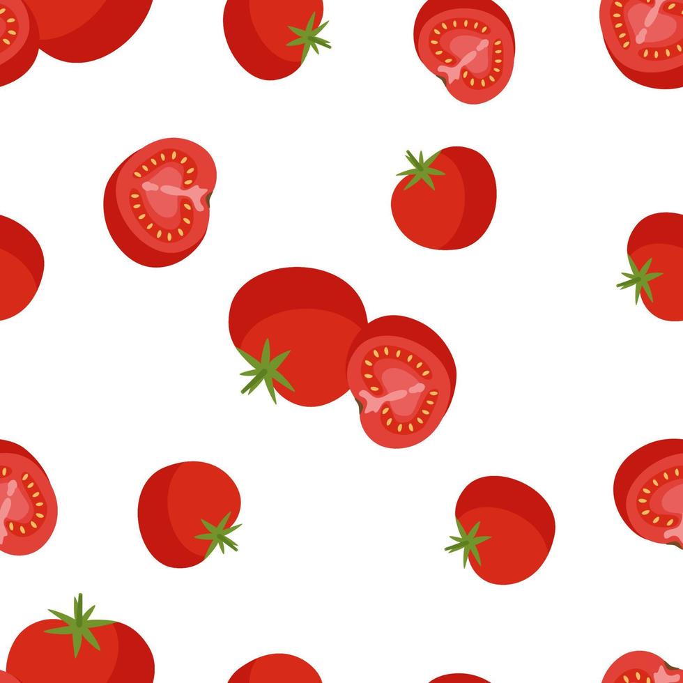 tomates rojos maduros enteros y medio sobre un patrón sin fisuras de fondo blanco. ilustración vectorial para imprimir en papel, tela, embalaje, papel tapiz vector