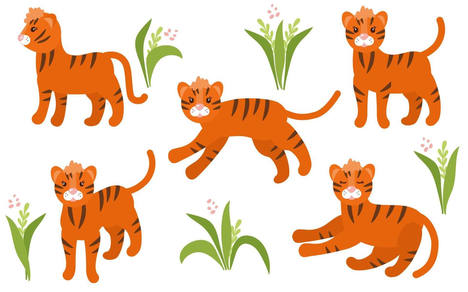 conjunto de lindos tigres en diferentes poses y hojas de plantas. ilustración aislada sobre un fondo blanco. para la guardería. vector