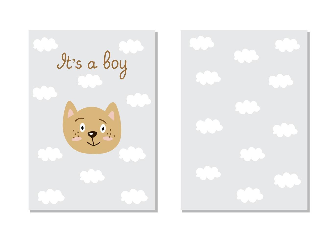 A postcard, invitations for a baby shower, it's a boy. Cute cat on the background of clouds and an inscription. Template vector illustration for printing, double-sided