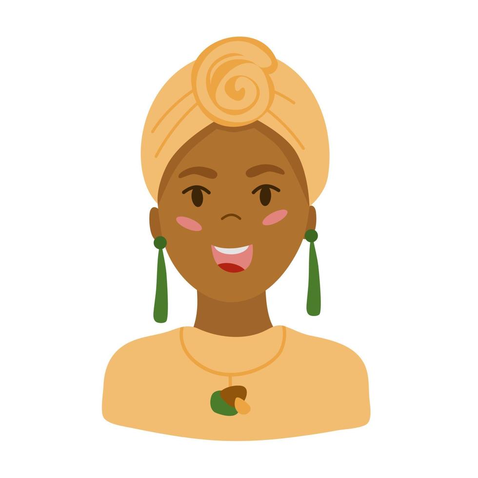 African American woman is a beautiful woman, wearing a traditional turban on her head with earrings and a necklace. Vector illustration isolated on a white background.