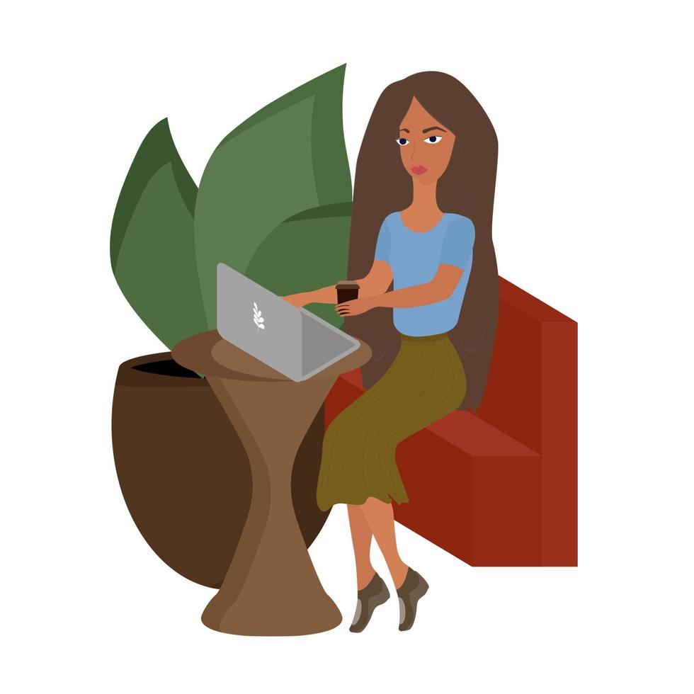 The girl is working on a laptop. vector
