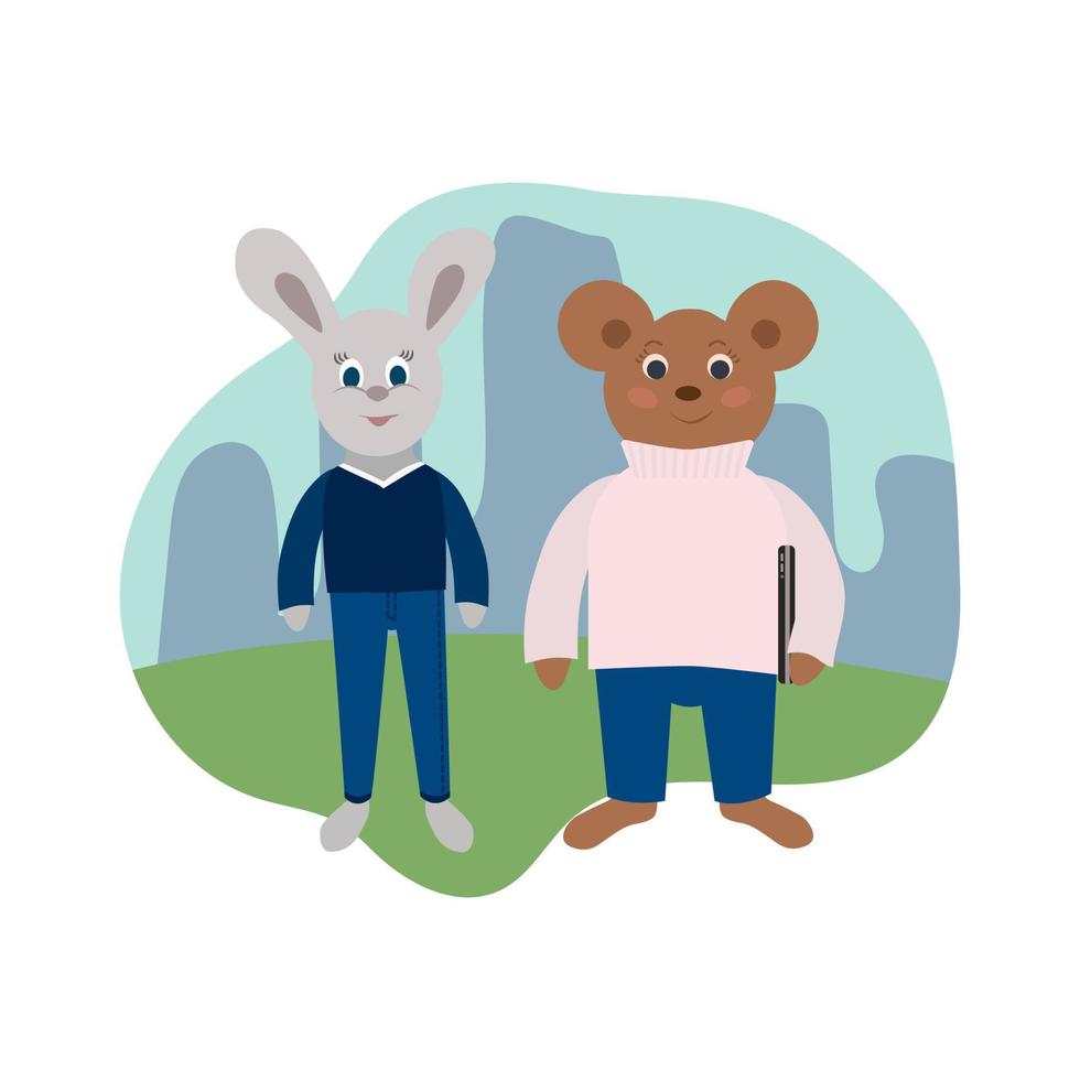 The city guys rabbit and the bear with the laptop. vector